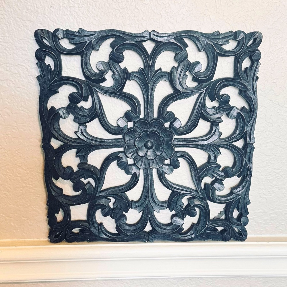 VINTAGE Wooden Carved Distressed Wood Wall Art Black 12” Square